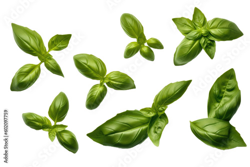 Basil leaves isolated on white background. Top view. Flat lay. Generative AI