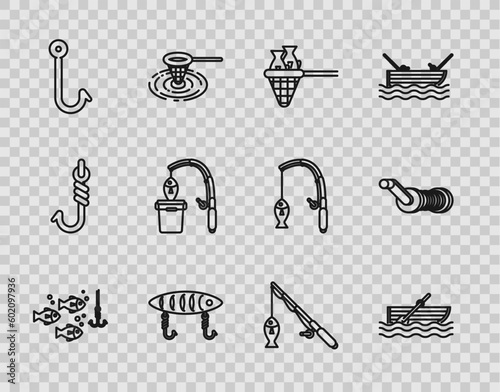 Set line Fishing hook under water with fish, boat oars on, net, lure, rod and, and Spinning reel for fishing icon. Vector