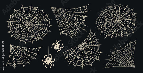 Set of spider web for Halloween. Cobweb, frames and borders, scary elements for decoration. Vector illustration