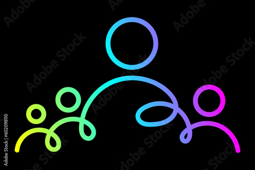 People line logo. Modern gradient line icon. Group of people abstract logo. Vector illustration on black background.