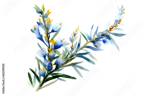 Elegance in Watercolor, Bell Heather Flower Branch in Blue and yellow photo