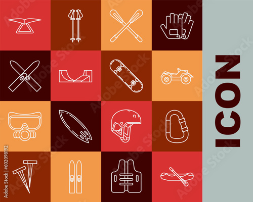 Set line Rafting boat, Carabiner, All Terrain Vehicle or ATV motorcycle, Crossed paddle, Skate park, Ski and sticks, Hang glider and Skateboard trick icon. Vector