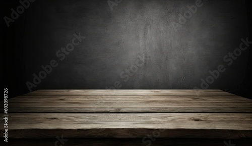 Empty wooden table top with defocused dark concrete wall background. Template for product display by ai generative