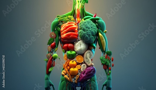 Vegetables forming a human body metabolism and nutrition.Generative AI.
