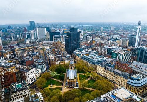 Aerial view of Birmingham, a major city in England’s West Midlands region, with multiple Industrial Revolution-era landmarks