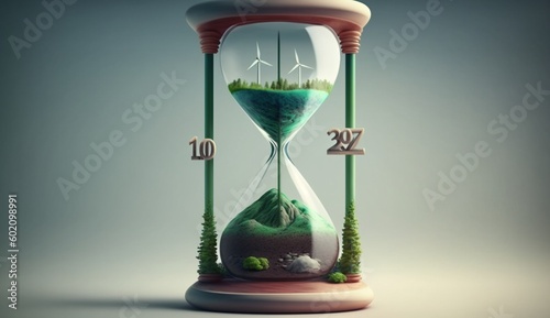 Illustrations of hourglass with green eco city, Renewable.Generative AI.