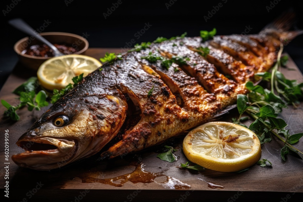 Close-up of a perfectly cooked and seasoned grilled trout with juicy, side of lemon wedges. Ai generative. Close-up of a perfectly cooked and seasoned grilled trout with juicy, side of lemon wedges. Ai generative.