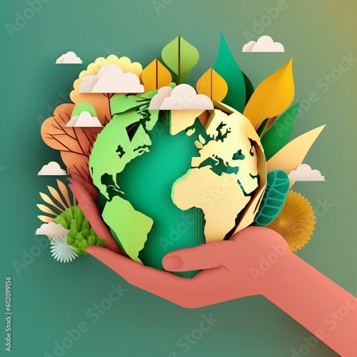 Paper art style Hands holding world of paper cut.Generative AI.
