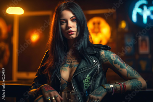 Beautiful cheerful caucasian tattoo model metalhead goth girl clubbing at hot rock concert party. Wearing biker leather jacket, crop top with decollete. Lush hair. Neon light. Halloween photo