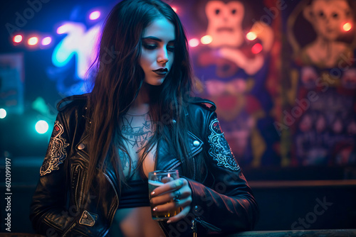 Beautiful caucasian tattoo model metalhead goth girl clubbing with a glass of alcohol drink at hot rock concert party. Biker leather jacket, crop top decollete. Lush hair. Neon light. Halloween photo
