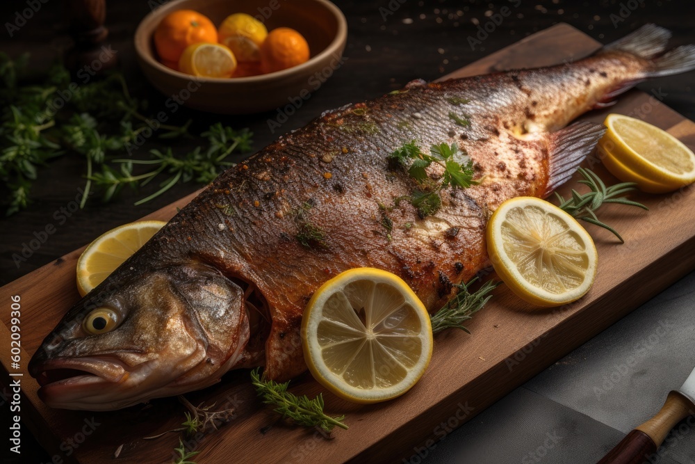 Close-up of a perfectly cooked and seasoned grilled trout with juicy, side of lemon wedges. Ai generative. Close-up of a perfectly cooked and seasoned grilled trout with juicy, side of lemon wedges. Ai generative.
