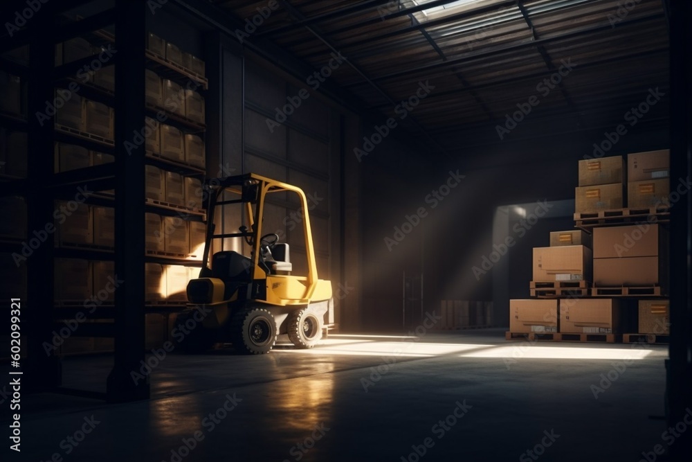 box delivery transportation distribution logistic sun forklift cargo warehouse storage. Generative AI.