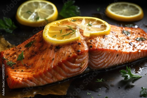 Close-up of a perfectly cooked and seasoned grilled salmon with juicy, side of lemon wedges. Ai generative.