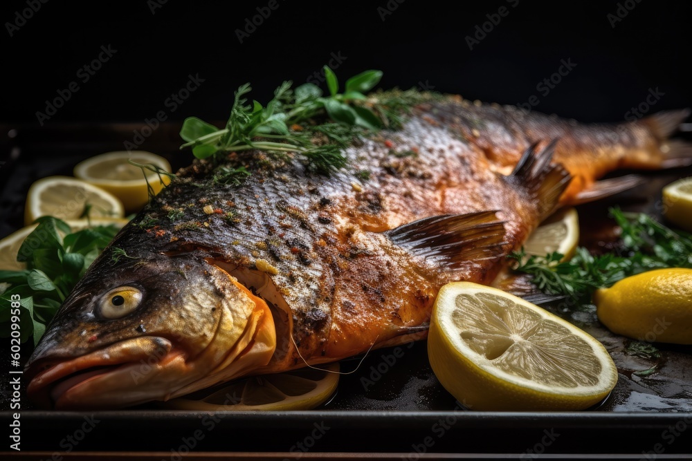 Close-up of a perfectly cooked and seasoned grilled trout with juicy, side of lemon wedges. Ai generative. Close-up of a perfectly cooked and seasoned grilled trout with juicy, side of lemon wedges. Ai generative.