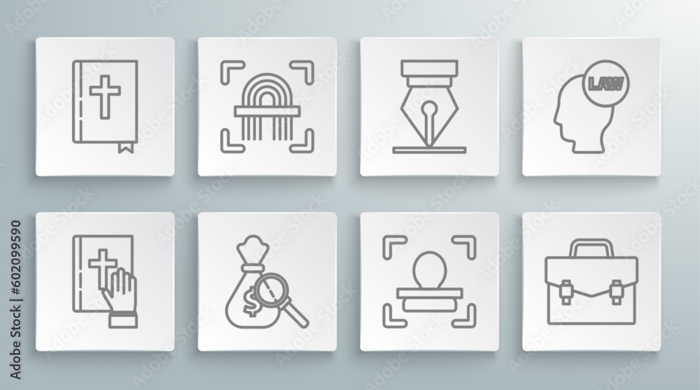 Set line Oath on the Holy Bible, Fingerprint, Money bag and magnifying glass, Face recognition, Briefcase, Fountain pen nib, Head with law and bible book icon. Vector Set line Oath on the Holy Bible, Fingerprint, Money bag and magnifying glass, Face recognition, Briefcase, Fountain pen nib, Head with law and bible book icon. Vector