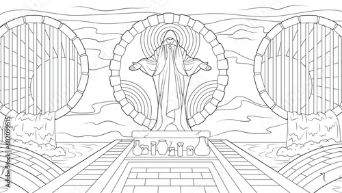 Vector illustration, statue altar for worship, water drains, coloring book.