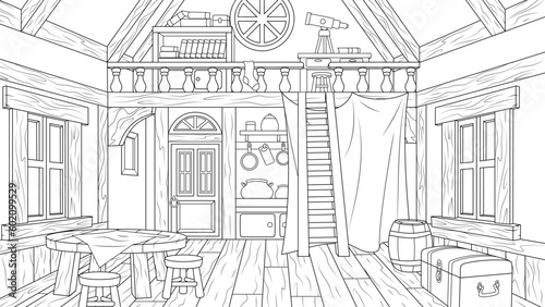 Vector illustration, interior of an old fantasy house, book coloring
