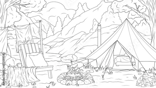 Vector illustration, tent in the forest on the lake, coloring book.