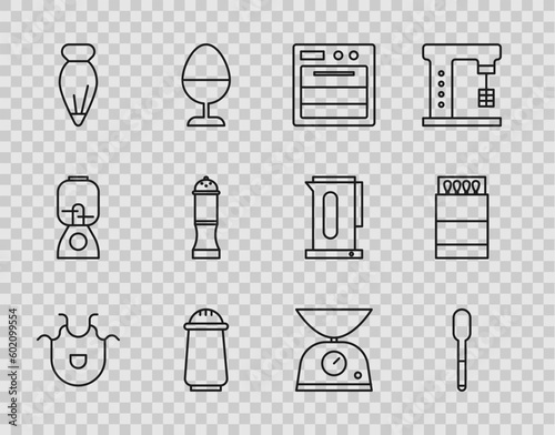 Set line Kitchen apron, Spoon, Oven, Salt and pepper, Pastry bag for decorate cakes, Pepper, Scales and Open matchbox matches icon. Vector