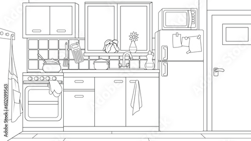 Vector illustration  cartoon kitchen interior  book coloring.