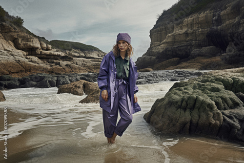 Woman in purple clothes and greein shirt on rocky beach, ai-generated artwork photo