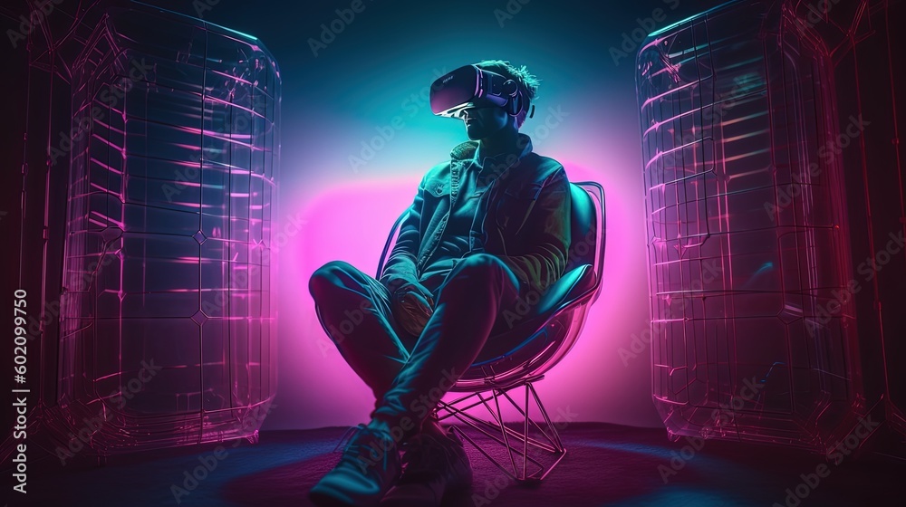 Fototapeta premium man sitting on armchair wearing virtual reality headset, digital art style, by ai generative