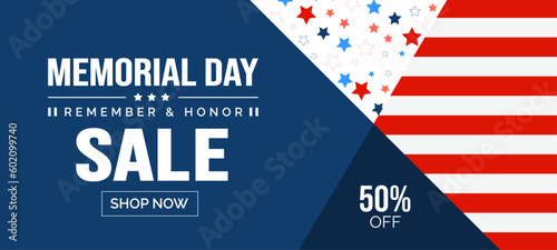 Memorial day sale vector banner template. Memorial Day sale Background or banner design template with USA flag Vector. Remember and Honor. National American holiday illustration.