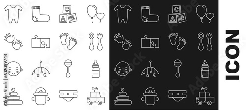 Set line Toy car, Baby bottle, cutlery with fork and spoon, ABC blocks, Piece of puzzle, hands print, clothes and footprints icon. Vector