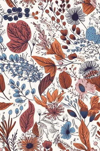 Seamless Hand-Drawn Floral Pattern on White Background