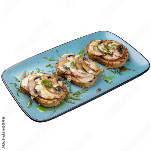 Mushrooms, tomato and mozzarella bruschetta