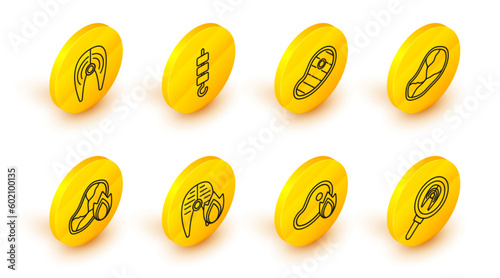 Set line Fish steak in frying pan, Grilled meat and fire flame, fish, Steak, shish kebab on skewer stick and icon. Vector