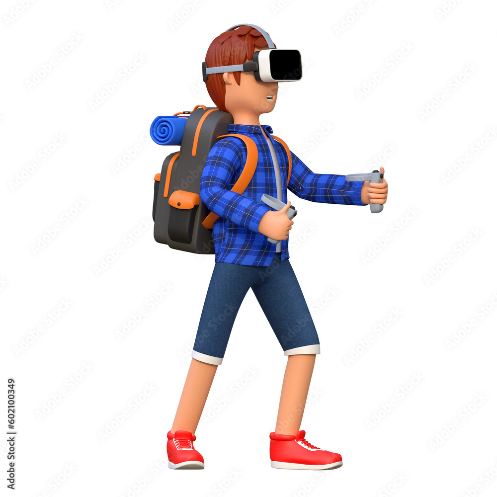 backpacker wearing virtual reality headset while playing 3d cartoon character illustration backpacker wearing virtual reality headset while playing 3d cartoon character illustration
