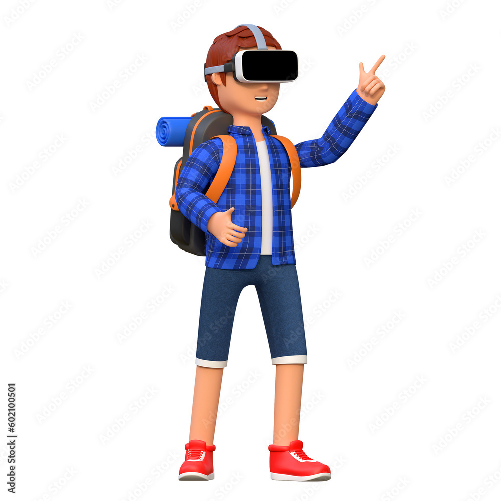 backpacker wearing virtual reality headset while playing 3d cartoon character illustration backpacker wearing virtual reality headset while playing 3d cartoon character illustration