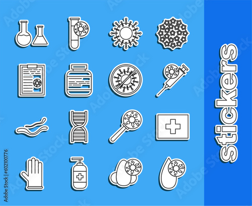 Set line Blood test and virus, First aid kit, Syringe, Virus, Medicine bottle pills, Clipboard with blood results, Test tube flask and Stop icon. Vector