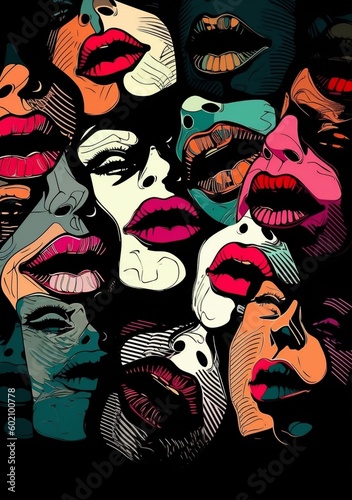 teeth woman mouth female illustration kiss lips abstract poster lipstick art. Generative AI.