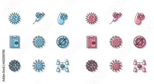 Set line Virus, spread, Stop virus, Clipboard with blood test results and Syringe and icon. Vector