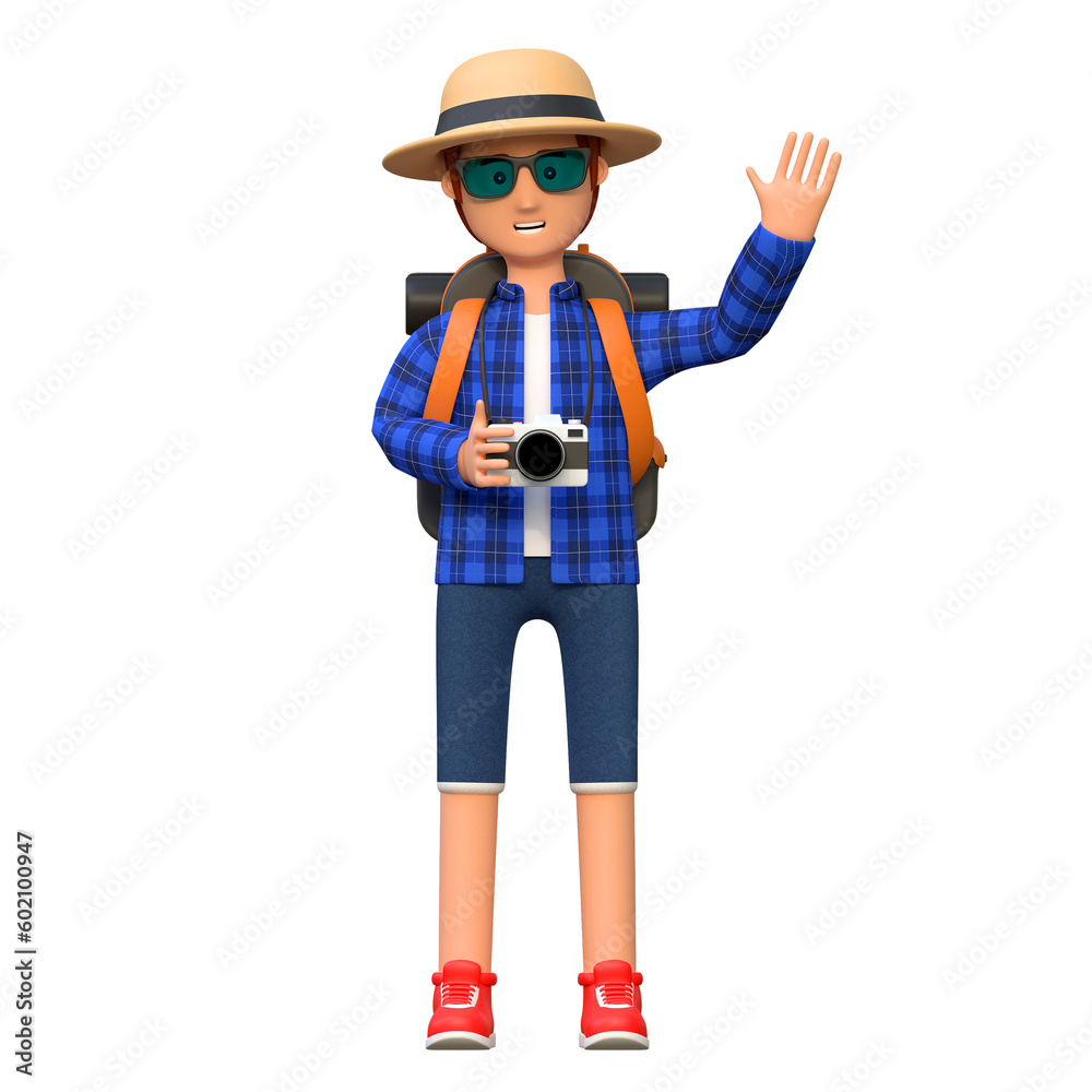 backpacker waving hand while holding travel bag in airport 3d cartoon character illustration