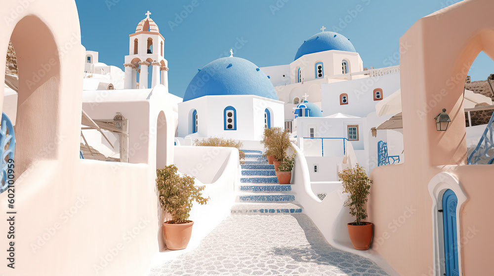 Naklejka premium imaginary View of Oia town in Santorini island in Greece -- Greek landscape Generative AI