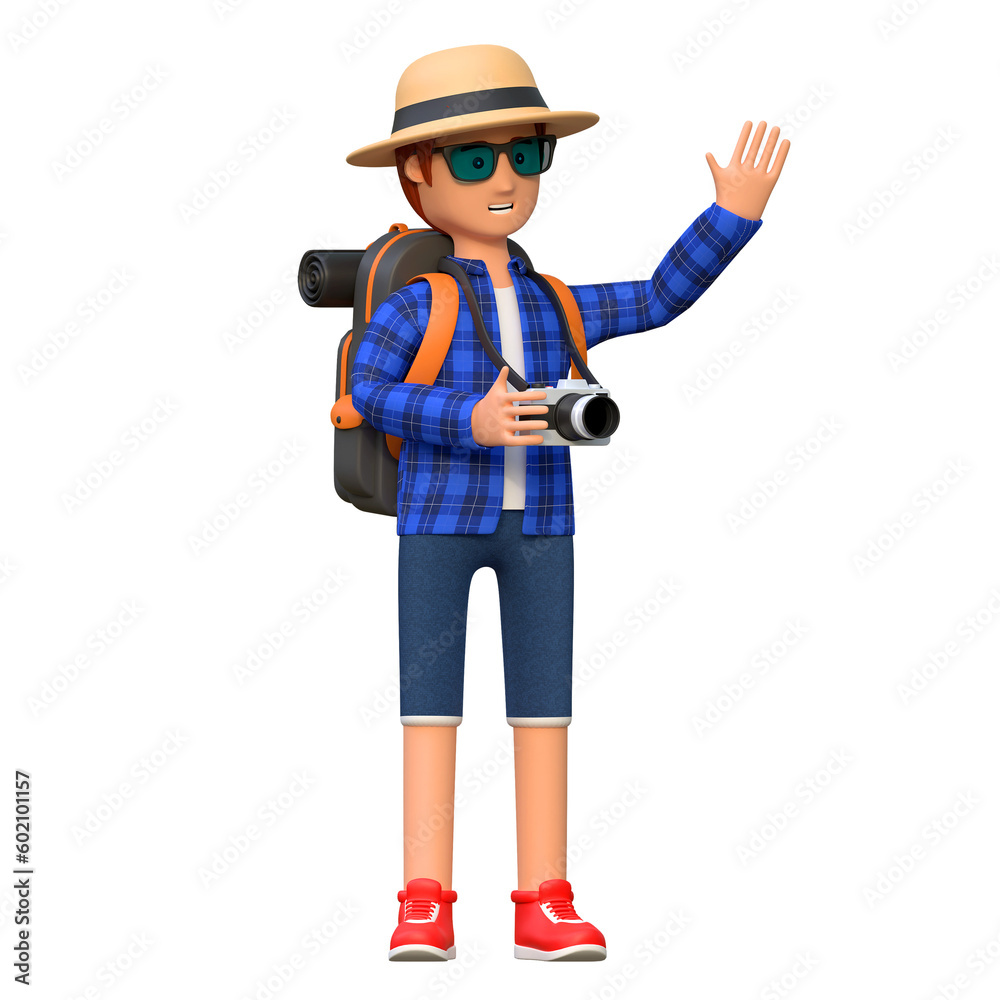 backpacker waving hand while holding travel bag in airport 3d cartoon character illustration backpacker waving hand while holding travel bag in airport 3d cartoon character illustration