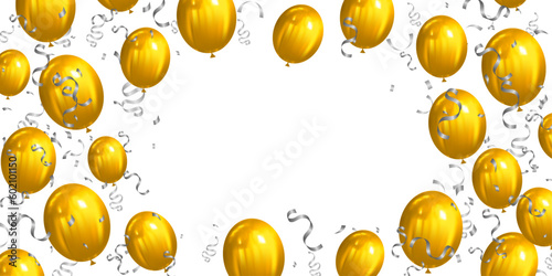 gold balloons and silver confetti on white background. frame luxury vector festive illustration