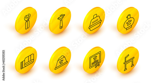 Set line Pet grooming table, Certificate for dog or cat, food bowl, Towel stack, shampoo, carry case, Hair brush and and nail clippers icon. Vector