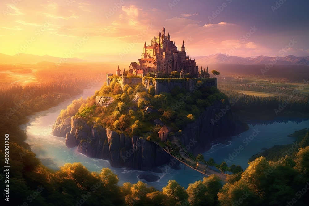 Fairytale Castle Soaring Majestically atop a Mountain, River Glimmering in the Summer Sunset: Generative AI