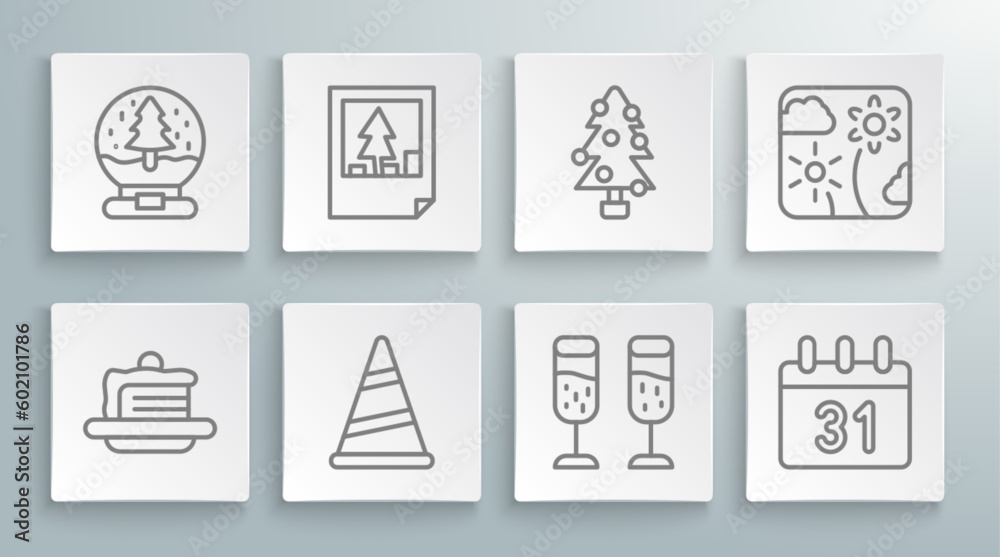 Set line Cake, Christmas postcard, Party hat, Glass of champagne, Calendar, tree, Firework rocket and snow globe icon. Vector Set line Cake, Christmas postcard, Party hat, Glass of champagne, Calendar, tree, Firework rocket and snow globe icon. Vector