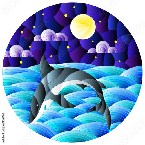 Illustration in stained glass style with shark into the waves, starry sky,moon  and clouds, round image