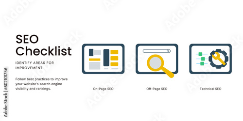 SEO Checklist Banner on Light Background. Stylish Marketing Banner with Black Text and Colored Icons for Business and Marketing