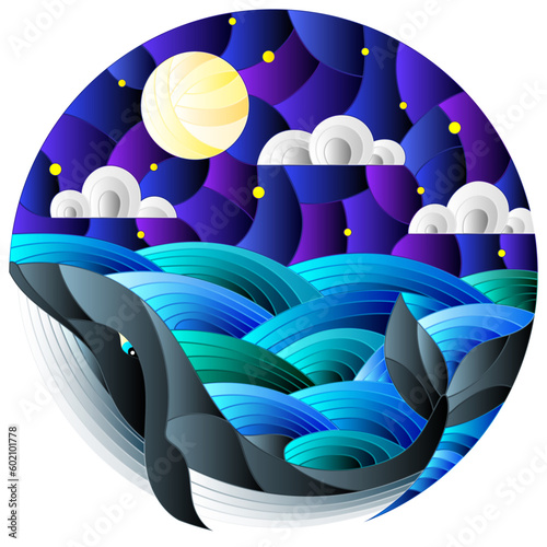 Illustration in stained glass style whale into the waves, starry sky,moon  and clouds, round image