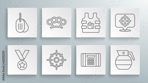 Set line Military reward medal, Brass knuckles, Target sport, Dynamite bomb, Hand grenade, Bulletproof vest, and dog tag icon. Vector