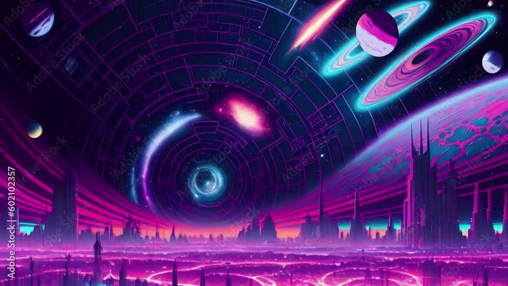 Futuristic cosmic animation with deep space, galaxy, and futuristic cityscape on planet. Bright cosmic animation with illustrations transformations and metamorphose. AI generated Generative AI