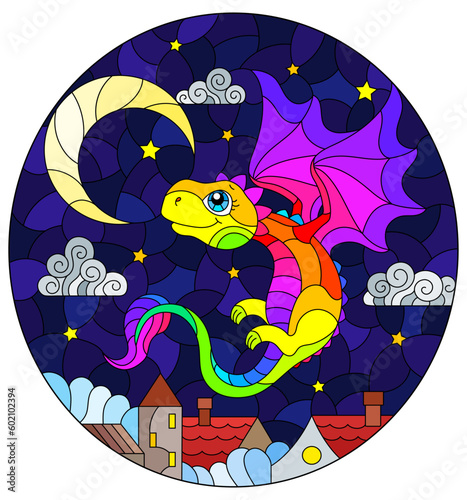 An illustration in the style of a stained glass window with a bright cute dragon on the background of the sky and the city, oval image