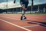 a disabled person with a prosthetic leg exercising on a sports track. Generative AI